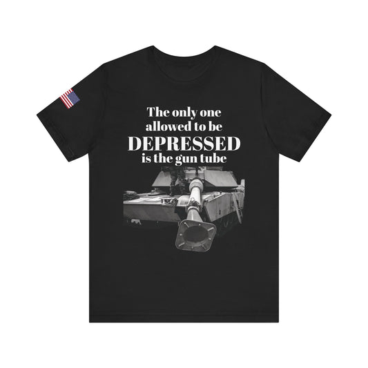 DEPRESSED Gun Tube, Veteran Gift, Patriotic Apparel, Gun Enthusiast Top, With US Flag, Lightweight T-Shirt