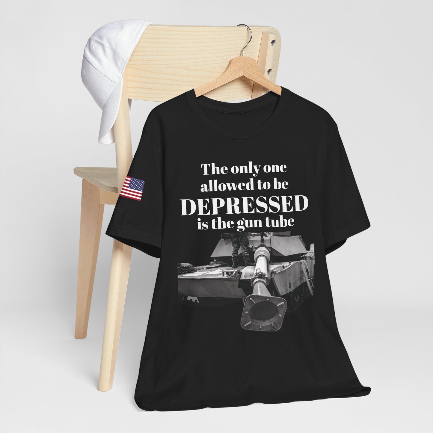 DEPRESSED Gun Tube, Veteran Gift, Patriotic Apparel, Gun Enthusiast Top, With US Flag, Lightweight T-Shirt
